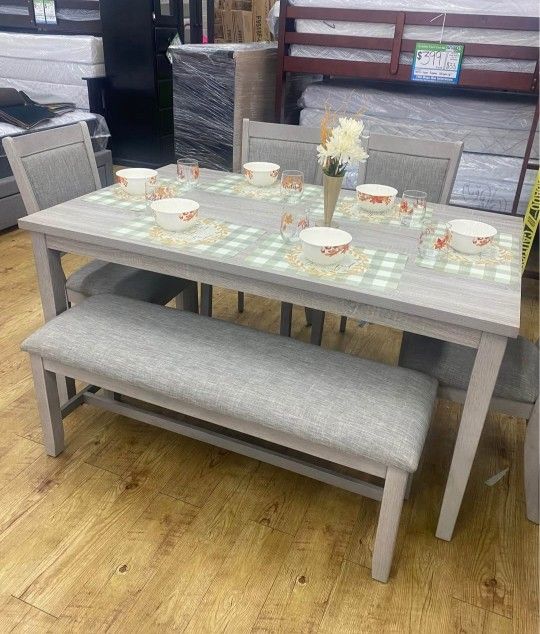 ✅️✅️ 6 pc light finish wood dining table set padded seat chairs and bench ✅️
