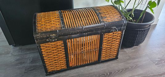 Vintage dome-top wicker and bamboo trunk
