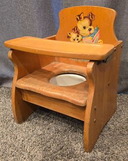 Vintage 1950s Wooden Children's Hand Painted Puppy Dog Training Potty Chair with Removable Tray and  Enamelware  Bowl