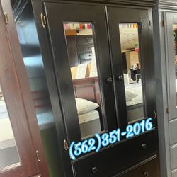 Black Pinewood Wardrobe Dresser With Mirror