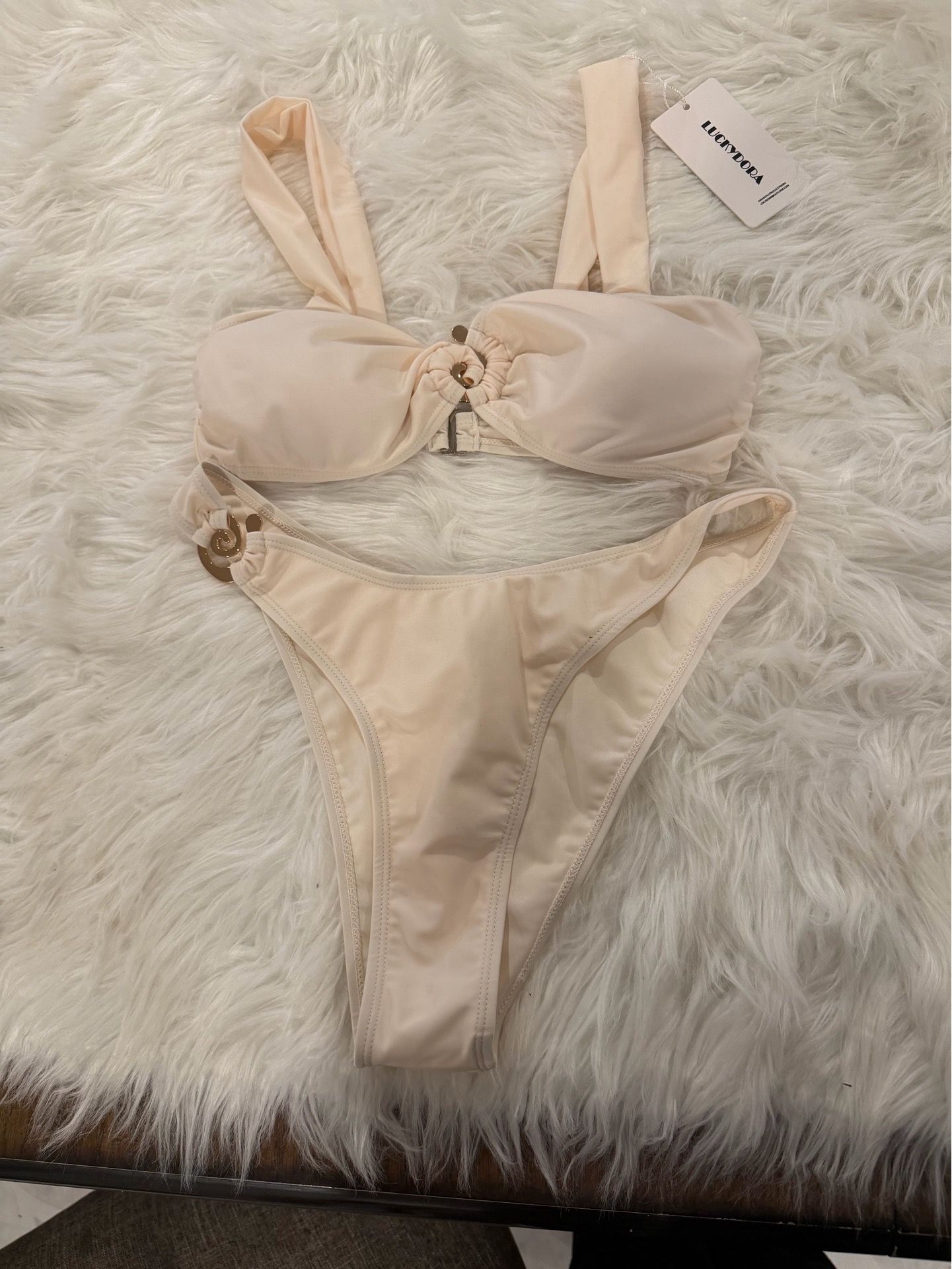 LUCKYDORA Ivory Bandeau Bikini Set with Spiral Buckles