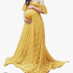 Yellow Maternity Floral Lace Dress 