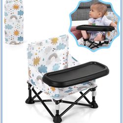 New Toddler Booster Seat for Kitchen Chair & Travel - Portable Foldable with Removable Tray, Baby Camping Chair 6-36 Months Indoor Outdoor (White Clou