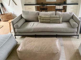 RH Teen Restoration Hardware Genuine Leather Rectangular Pouf Ottoman – Warm Taupe Beige
