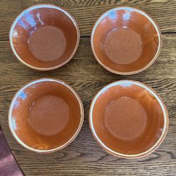 Set Of 4 rustic vintage Mexico hand painted pottery bowl redware terracotta clay