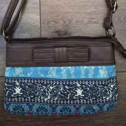 Boho Style Small Crossbody Bag Blue Pattern Brown Faux Leather Bow Detail 