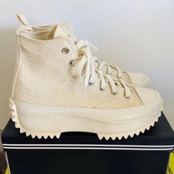 Converse All Star Cream Perforated High-Top Platform Sneakers Light Worn.