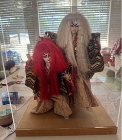 Japanese Kabuki Dolls in Display Case