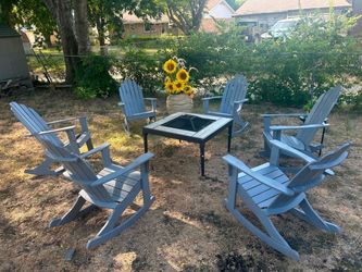 Six gray rocking Adirondack chairs and fire pit table outdoor patio furniture