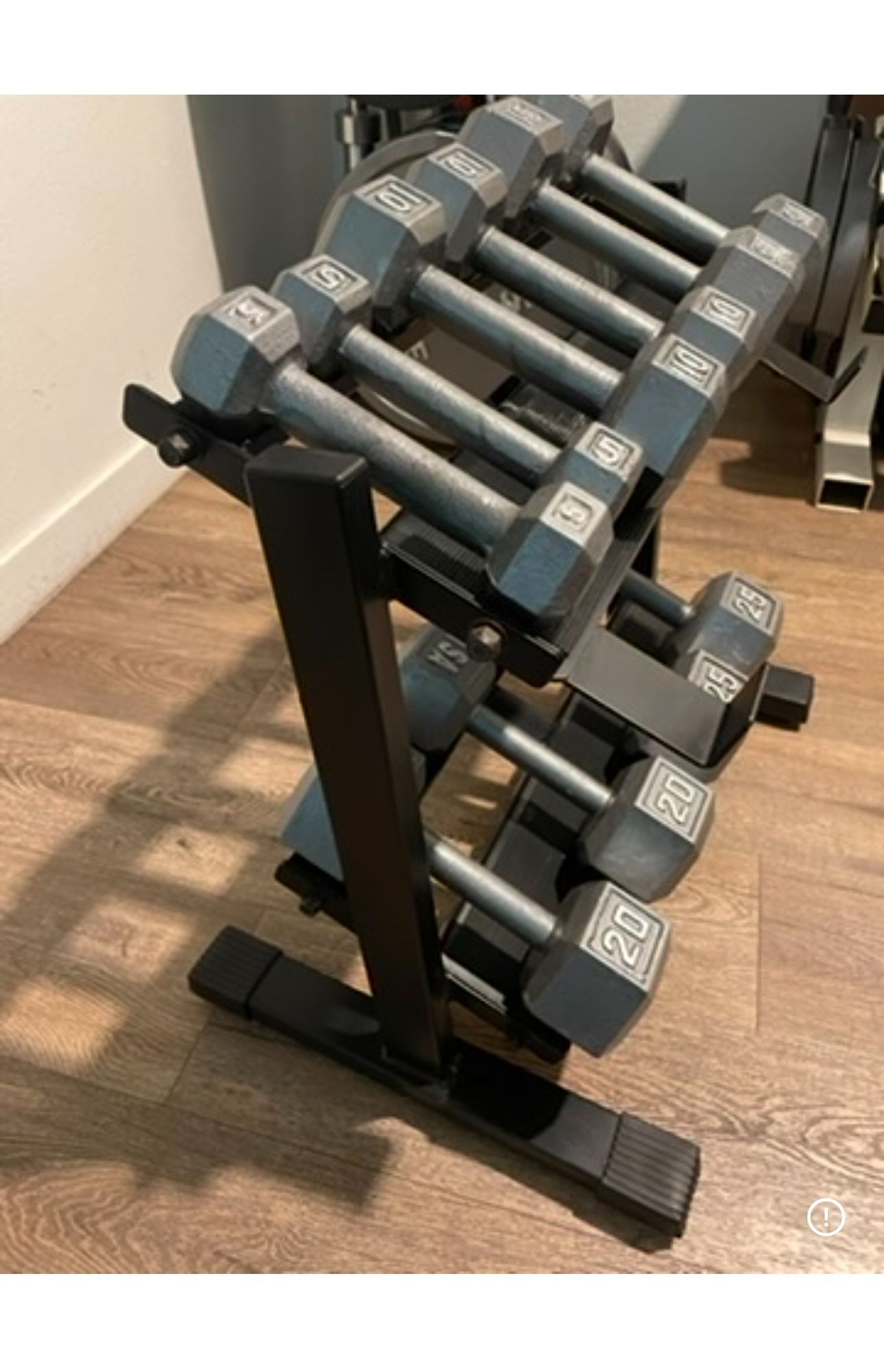 In NEW Condition Set Of Cast Iron Hex Dumbbells 5s, 10s, 15s 20s  And  25s  (NO RACK iNCLUDED)