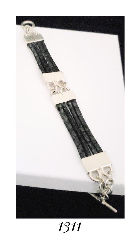 7" x 16mm Solid Sterling Silver Double Flat Leather Bracelet w Toggle Clasp.