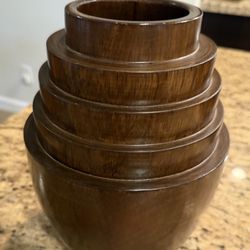 Vtg MCM Hand Turned Tiered Carved Wood Walnut Vase Vessel 10"
