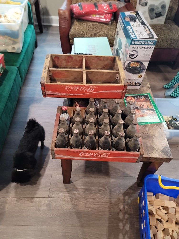 Old Crate Of Cokes. 2 Wooden Coke Crates + Antique Full Bottles