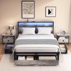 Bed Frame Full Size with Headboard & 4 Storage Drawers Platform Bed Frame with 2 Charging Outlets 