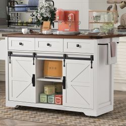 Assembled New 54" Farmhouse Kitchen Island w/ Power Outlet Sliding Barn Doors Rustic Storage on Wheels