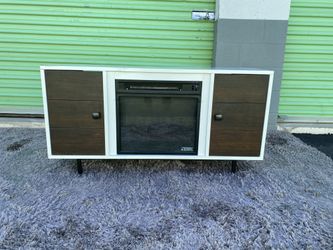 Modern TV Stand w/ Electric Fireplace Insert – White & Wood – Heater – Phoenix – Clean
