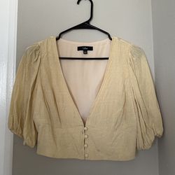 Lulu’s Yellow Floral Puff Sleeve Deep V-Neck Blouse Small