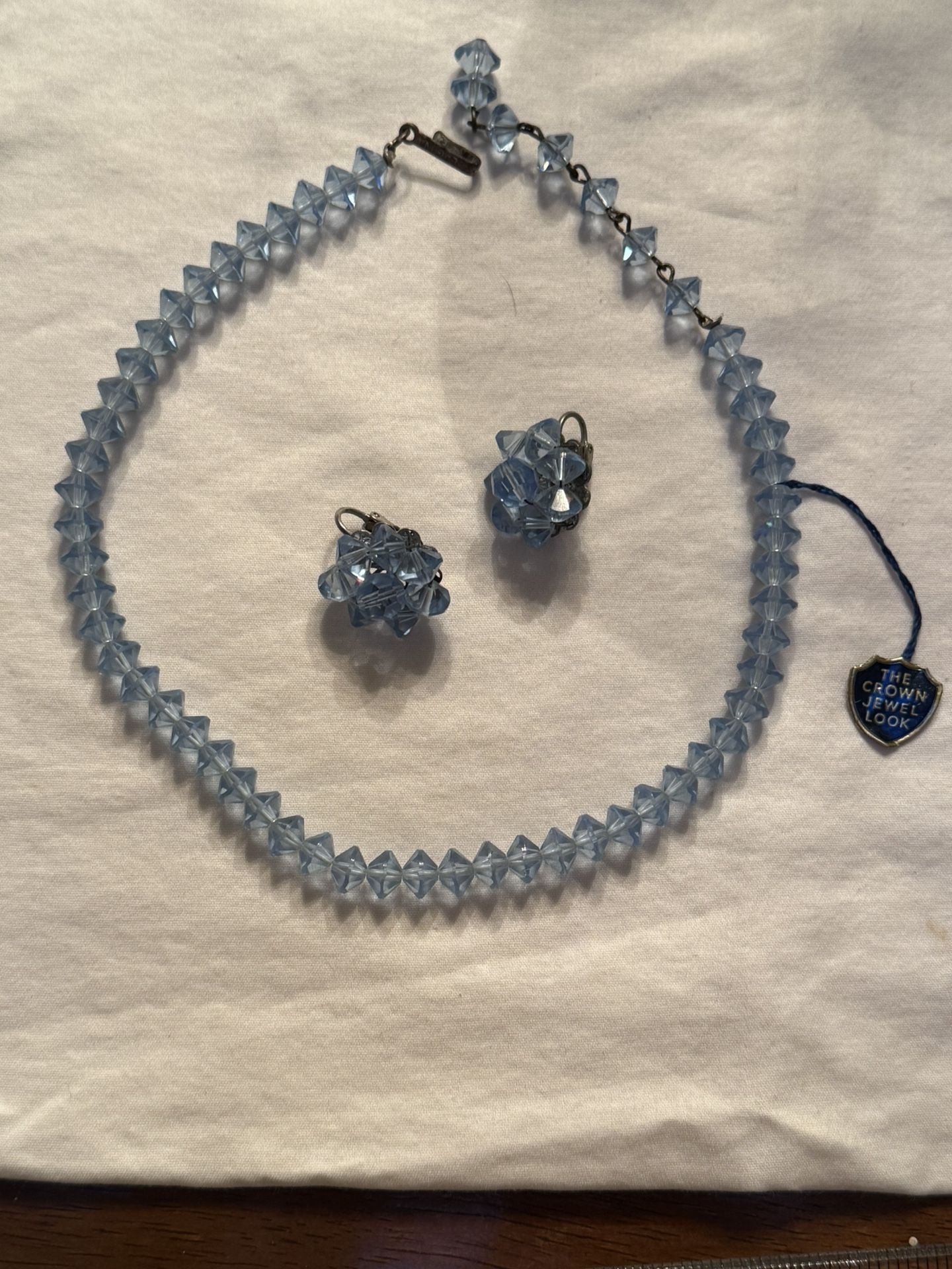 1950’s Blue Crystal Choker Necklace by Laguna And Matching Clip On Blue Crystal Earrings