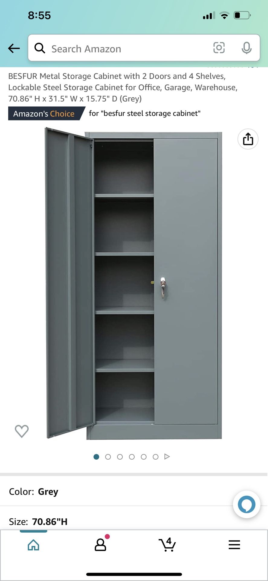 BESFUR Metal Storage Cabinet with 2 Doors and 4 Shelves, Lockable Steel Storage Cabinet for Office, Garage, Warehouse, 70.86" H x 31.5" W x 15.75" D (
