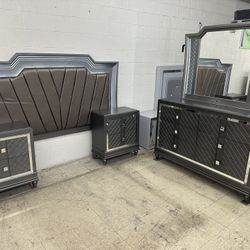 New Grey Bedroom Set With LED Lights (King/Queen/Full)