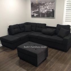 Modern Black Sectional Sofa With Storage Ottoman 