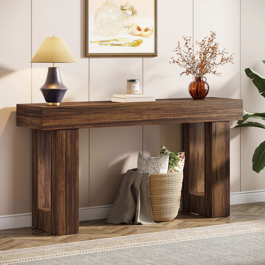 LITTLE TREE 63 Inches Long Console Table for Entryway, Rustic Brown Sofa Table Behind Couch, Wooden Entry Table Foyer Hallway Table, Industrial Consol