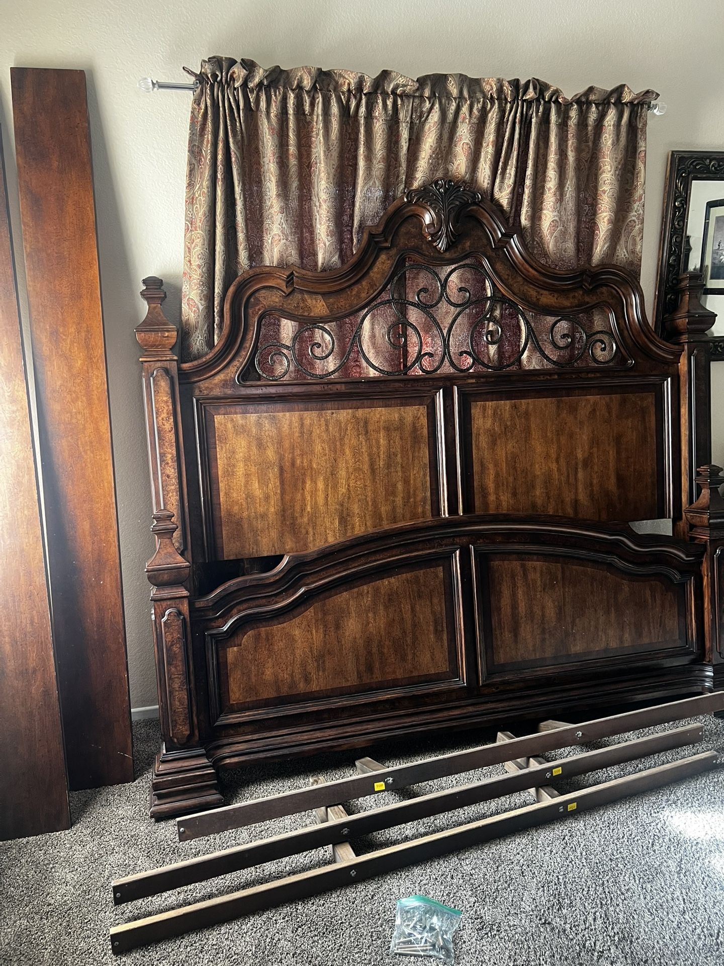 California King Solid Wood Ornate Carved Bed Frame and Dresser Mirror / Wall Mirror $350