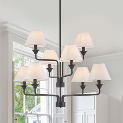 Modern Black Chandelier with Off-White Fabric Shade, Large Farmhouse Chandelier for Dining Room, Rustic Pendant Light for Entryway Bedroom Kitchen