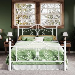 Full Platform Bed Frame, Butterfly Pattern Design, White Butterfly Design Headboard & Footboard, Under Bed Storage, No Box Spring Needed, Easy Assembl