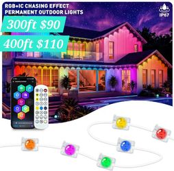 300FT or 400FT RGB+IC Permanent Outdoor Lights, String Lights, Permanent Lights Strips LED IP67 Waterproof, Smart App/Remote Control LED Eave Lights w