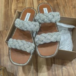 STEVE MADDEN Newbie Braided Sparkly Rhinestone Sandals Slides 
