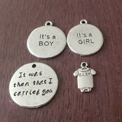 4 pregnancy charms pendants It was then that I carried you, it's a boy, it's a girl, baby outfit silver color MADE FROM ZINC ALLOY. THERE ARE IMPERFEC