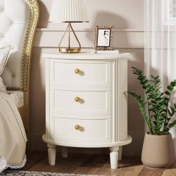 Pair of White Round 3-Drawer Nightstands