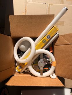 Box of various lightbulbs.