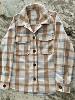 Avec Les Filles Beige, Cream & Light Blue Plaid Utility Jacket