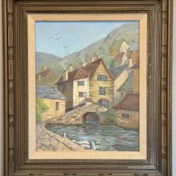 Beautiful Midcentury Seaside Cityscape Oil Painting by Kathleen Stanton