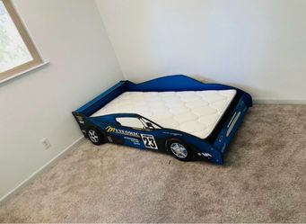 Blue Race Car Kids Bed Frame with Mattress