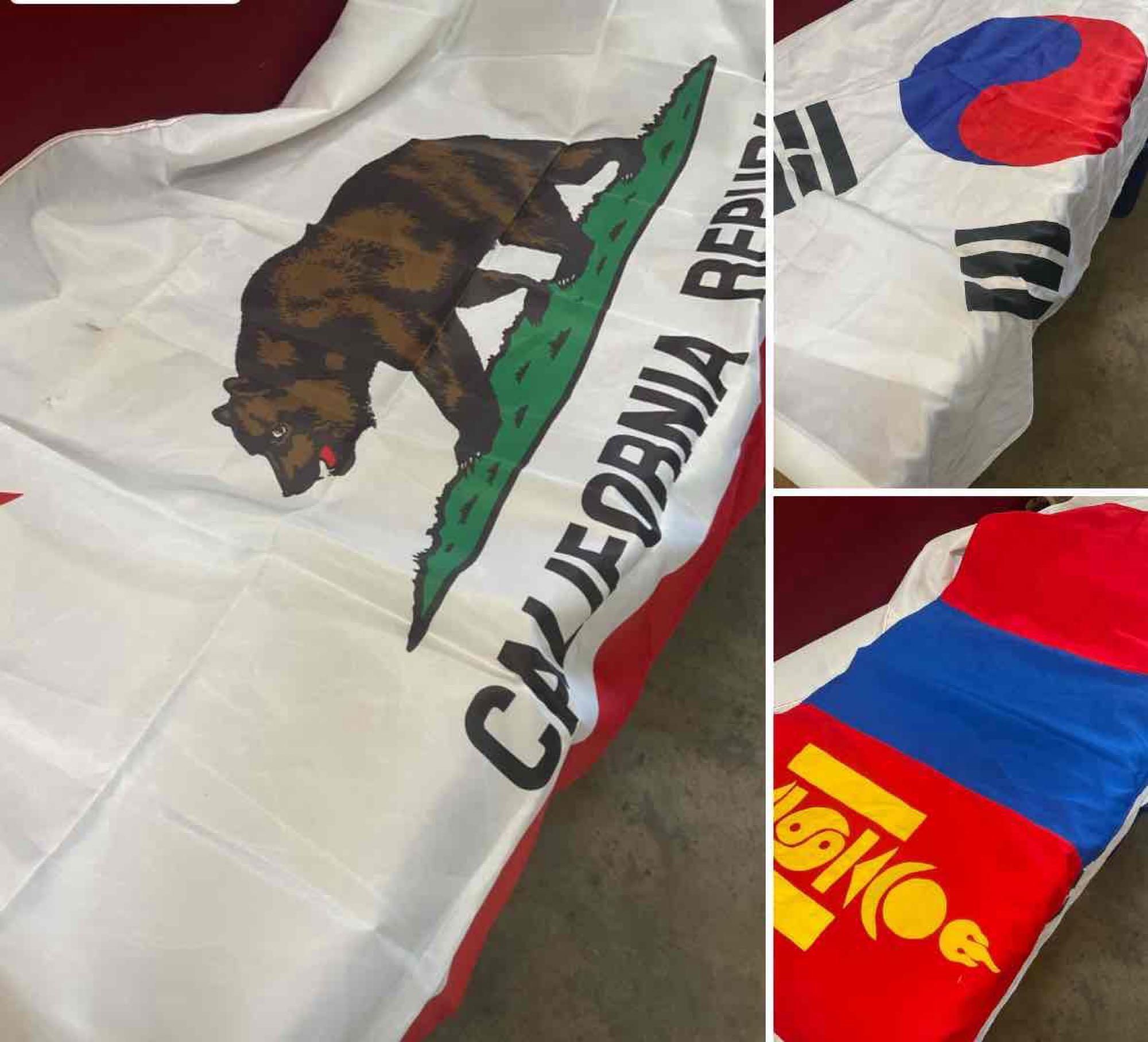 47" x 23" red/ blue banner, 52" x 36" South Korea flag, 5' x 3' California Republic flag