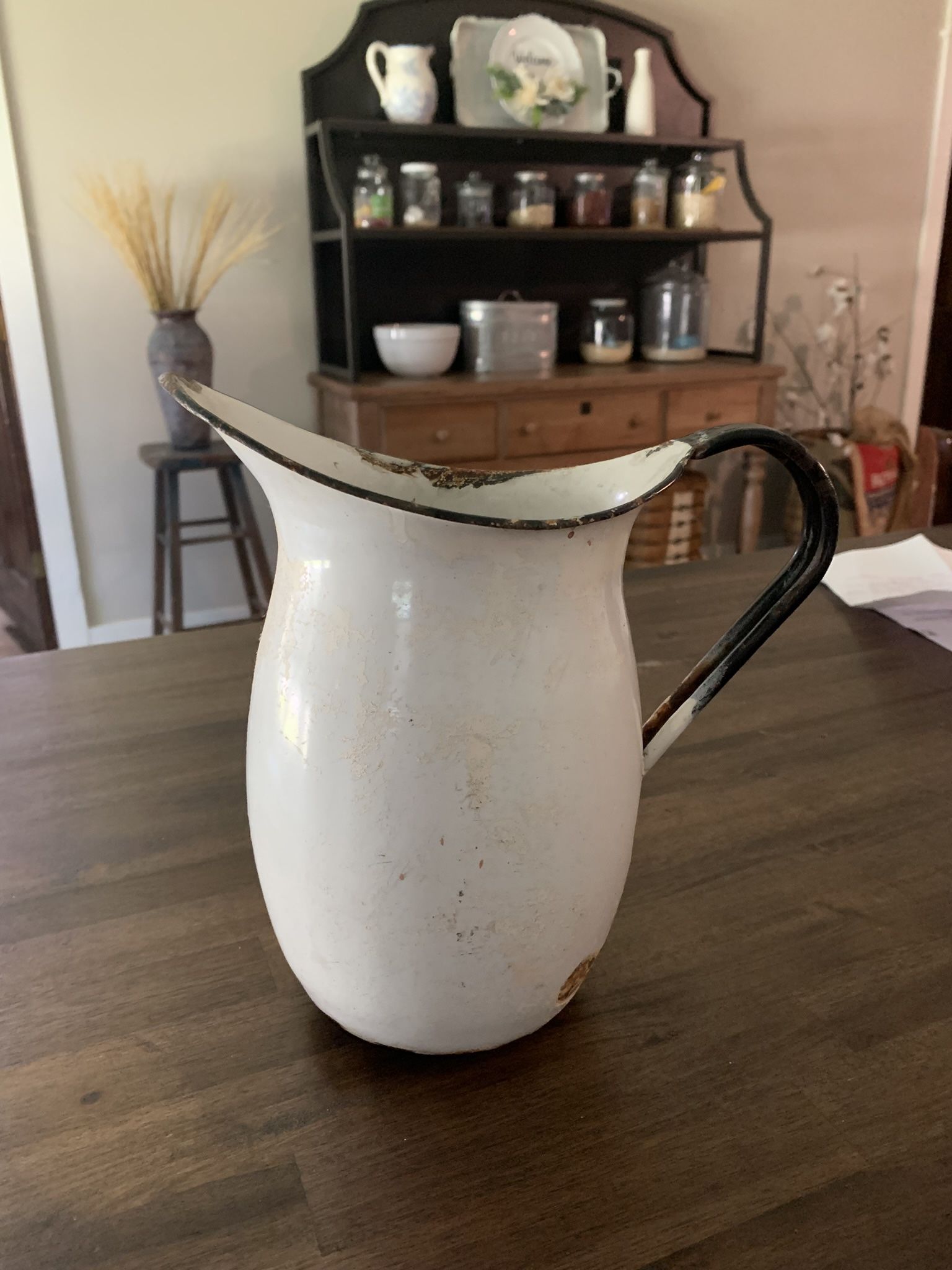 Vintage Antique  Farmhouse White Enamel Ware Black Trim Pitcher