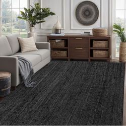 NEW Black Jute Area Rug - 8x10 100% Natural Handwoven Jute Braided Reversible Cotton Rug