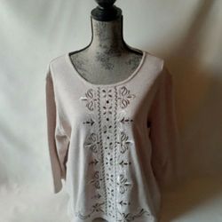 Alfred Dunner women's beige floral embroidered long sleeve top size XL