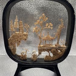 Vintage Chinese Cork Hand Carved Diorama In Glass & Black Laquered Wood Case
