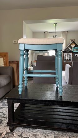 Teal Wood Counter Stool with Upholstered Seat