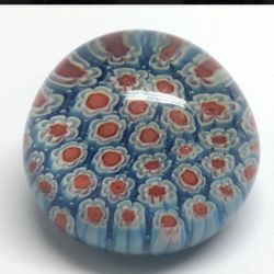 Murano Italian Hand Blown Teal Orange Glass Millefiori Flowers Round Paperweight