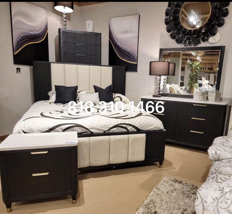 4 pc Bedroom Set Upholstered Bed With Channel Tufted Head Board : Bed Dresser Mirror & Nightstand