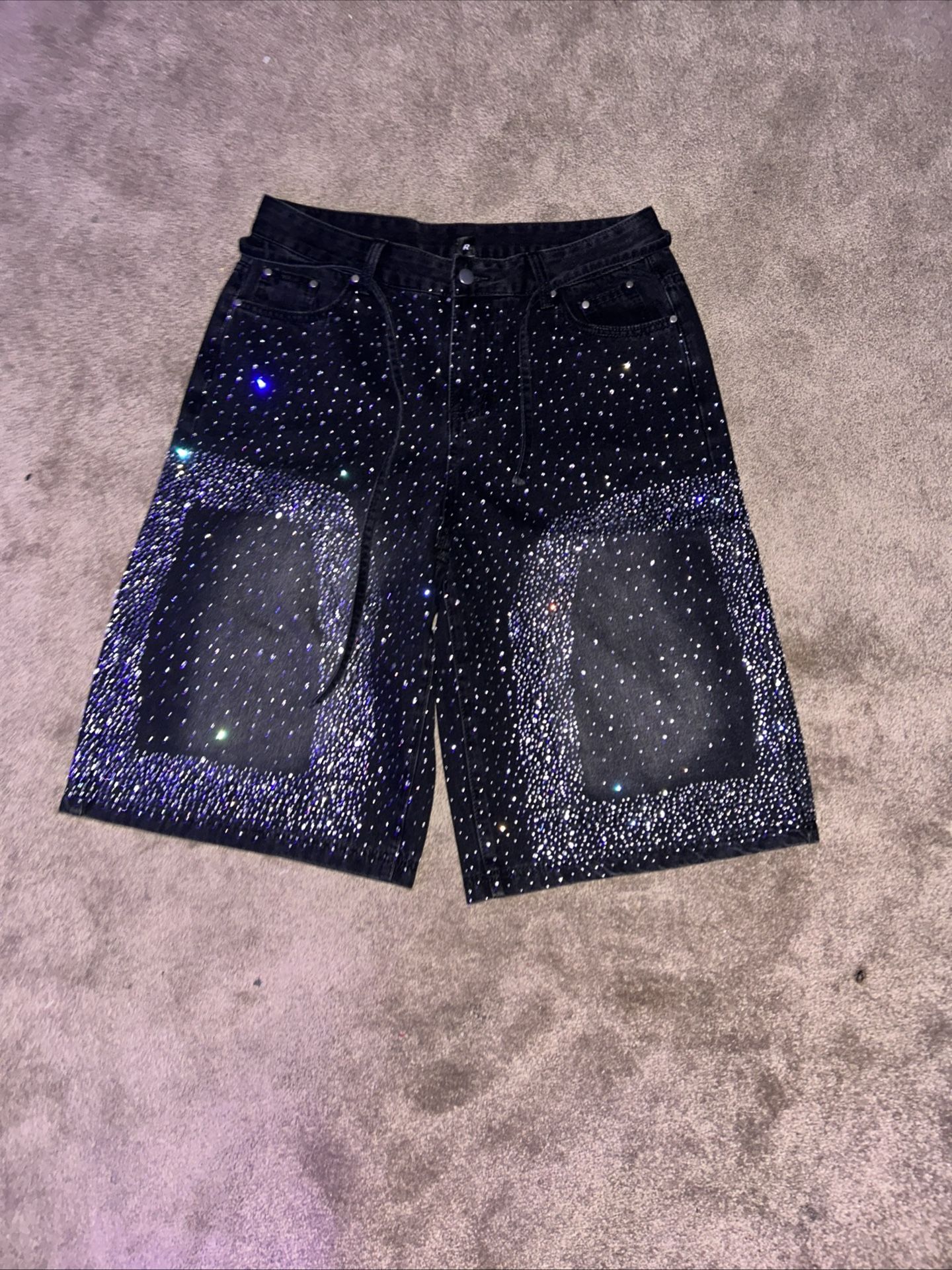 Rhine Stone Black Jean Shorts Fit Big But Style Size 32 Men's