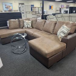 Brown Faux Leather Sectional Double Chaise 🚚WE DELIVER🚚