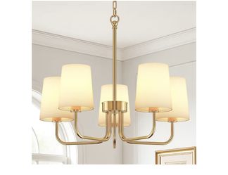 BLNAN Farmhouse Chandelier, 5-Light Gold Plating Chandeliers for Dining Room, Height Adjustable Dining Room Light Fixture with White Fabric Shade, Cha