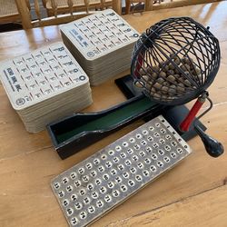 Vintage Bingo Set with Spinning Cage, Balls, & 44 Vintage Shutter Cards