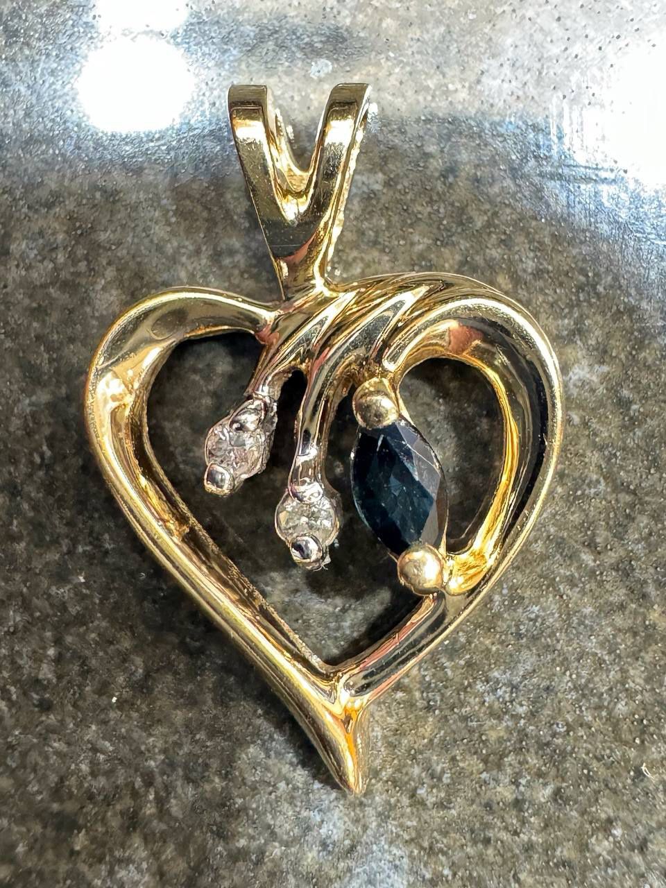 14k yellow gold diamond sapphire heart pendant charm